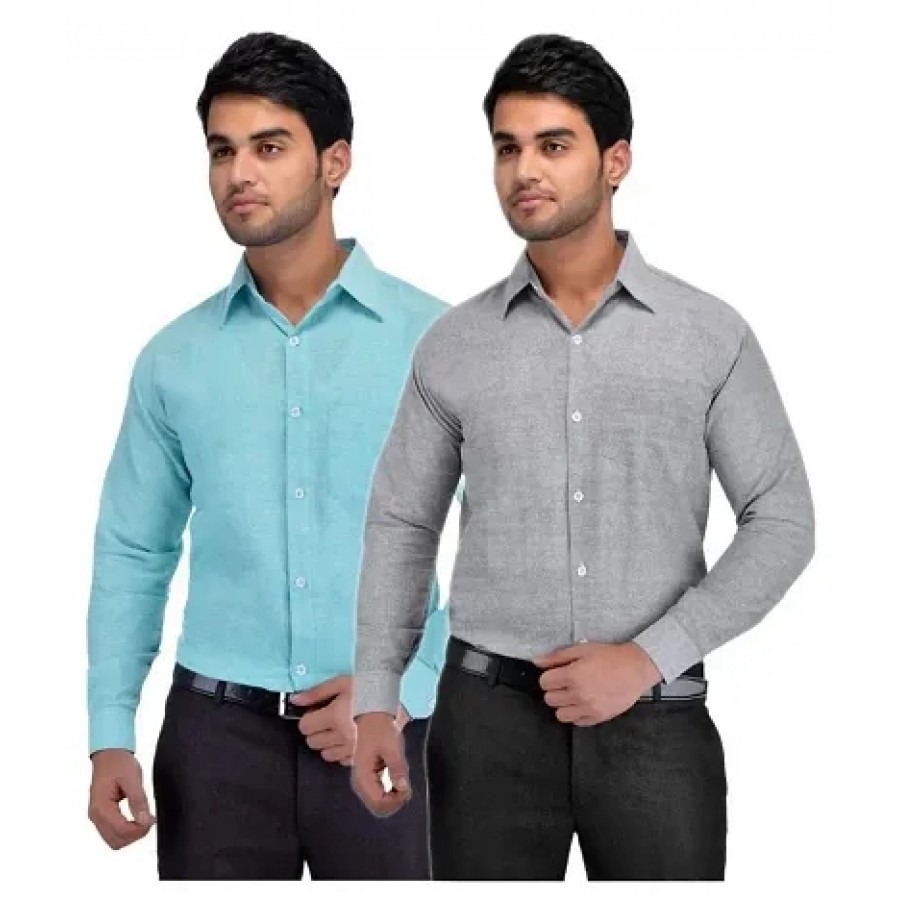 Men's Multicoloured Khadi Cotton Solid Long Sleeves Regular Fit Casual Shirt (Pack of 2)