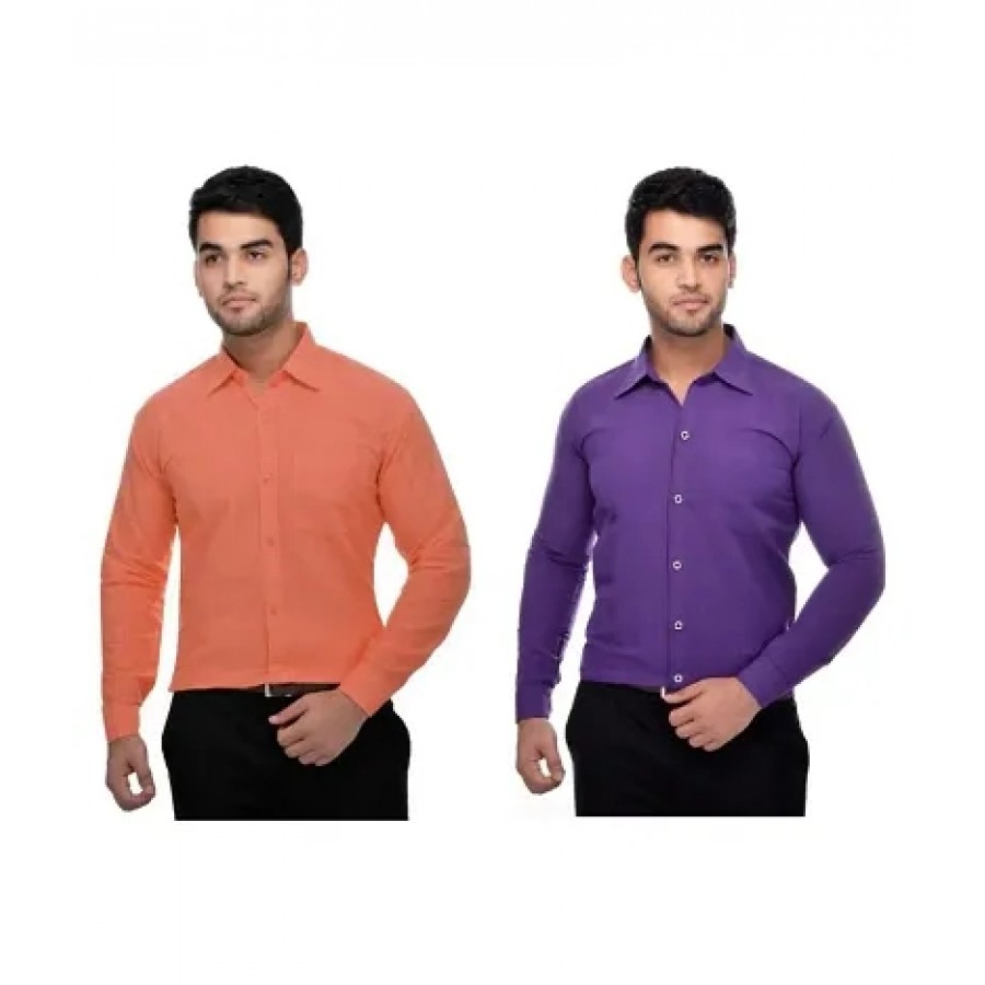 Men's Multicoloured Khadi Cotton Solid Long Sleeves Regular Fit Casual Shirt (Pack of 2)