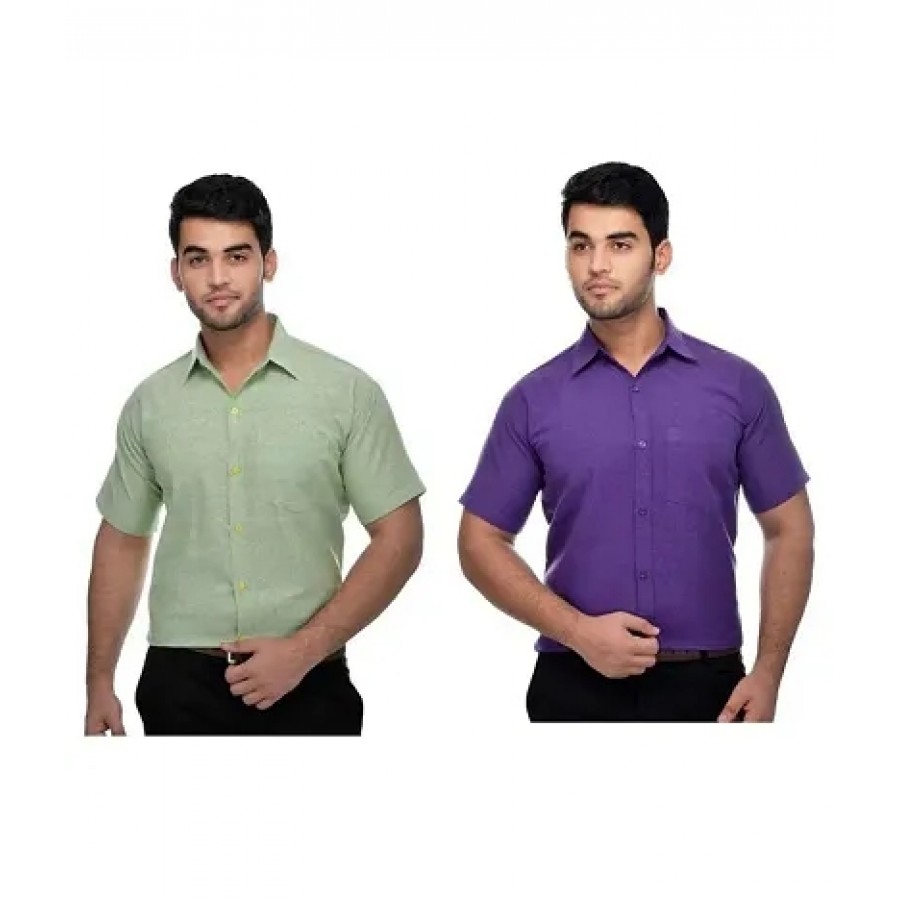 Men's Multicoloured Khadi Cotton Solid Short Sleeves Regular Fit Casual Shirt (Pack of 2)