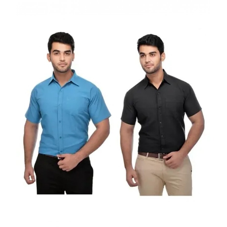 Men's Multicoloured Khadi Cotton Solid Short Sleeves Regular Fit Casual Shirt (Pack of 2)