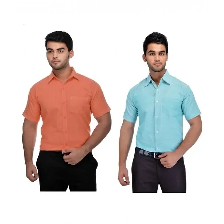 Men's Multicoloured Khadi Cotton Solid Short Sleeves Regular Fit Casual Shirt (Pack of 2)