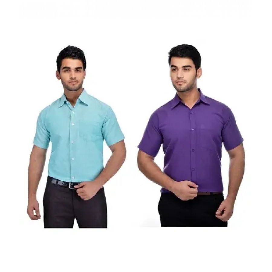 Men's Multicoloured Khadi Cotton Solid Short Sleeves Regular Fit Casual Shirt (Pack of 2)