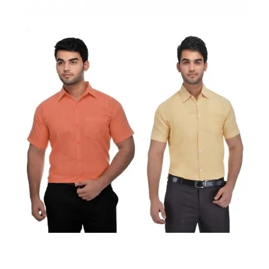 Men's Multicoloured Khadi Cotton Solid Short Sleeves Regular Fit Casual Shirt (Pack of 2)