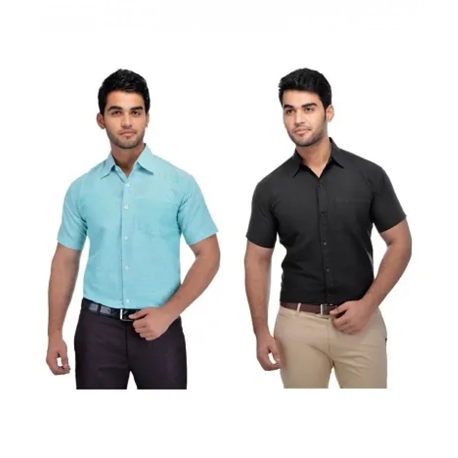 Men's Multicoloured Khadi Cotton Solid Short Sleeves Regular Fit Casual Shirt (Pack of 2)