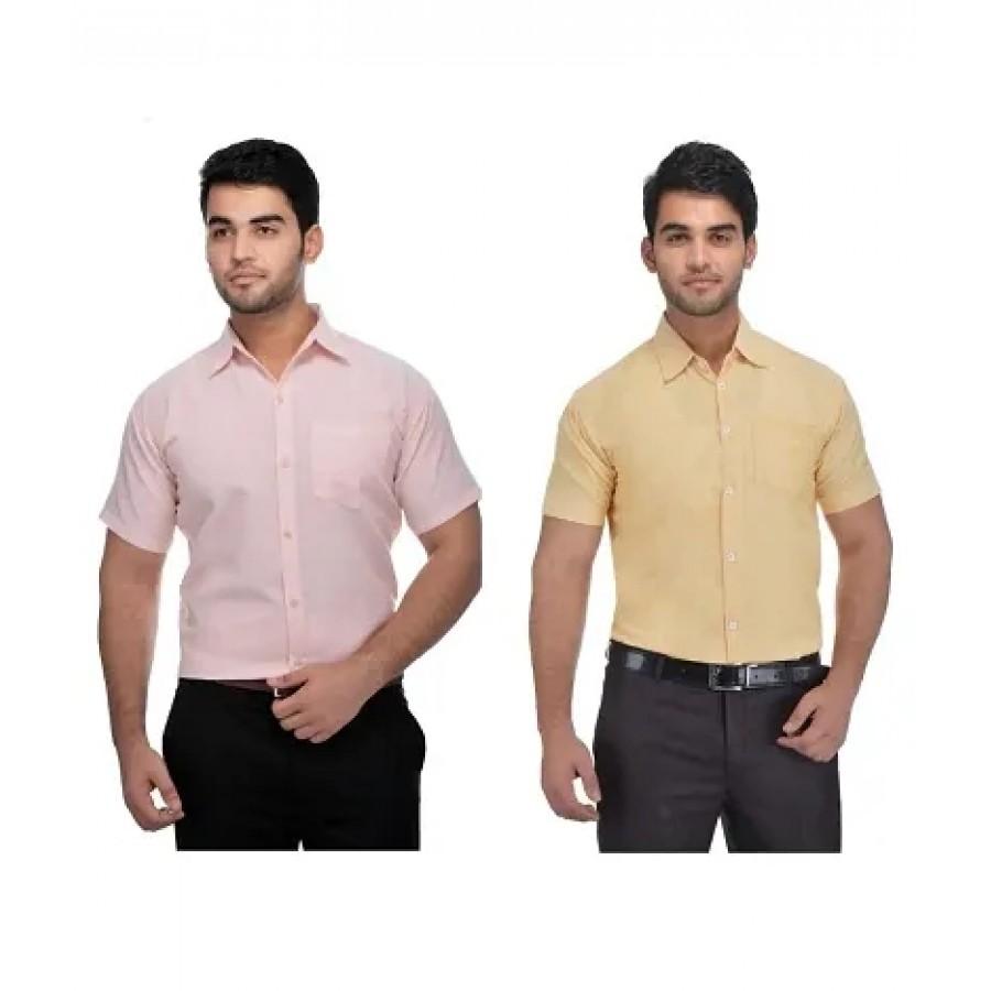 Men's Multicoloured Khadi Cotton Solid Short Sleeves Regular Fit Casual Shirt (Pack of 2)