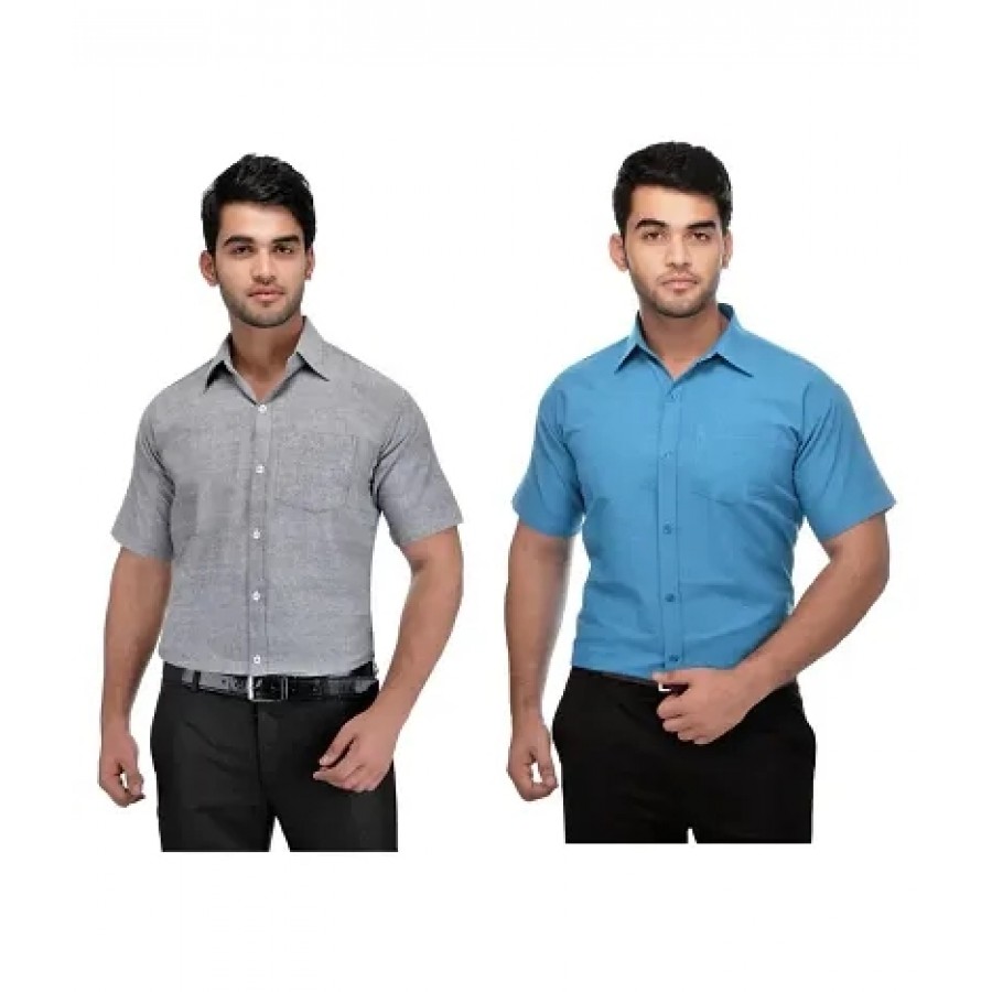 Men's Multicoloured Khadi Cotton Solid Short Sleeves Regular Fit Casual Shirt (Pack of 2)