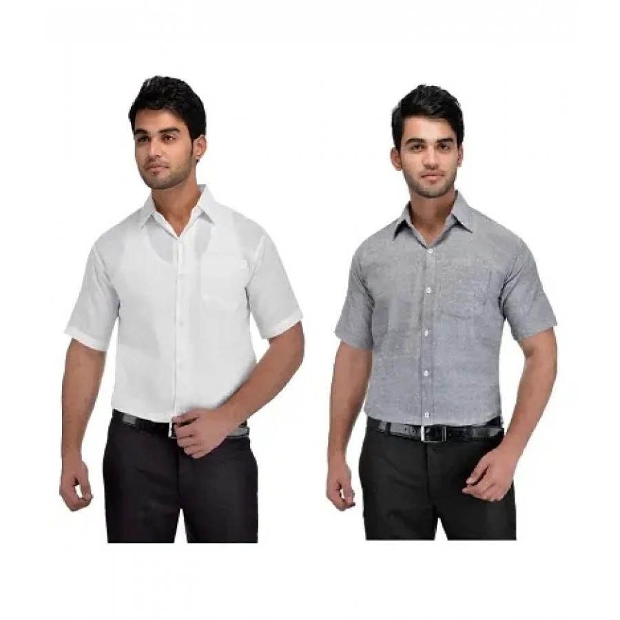 Men's Multicoloured Khadi Cotton Solid Short Sleeves Regular Fit Casual Shirt (Pack of 2)