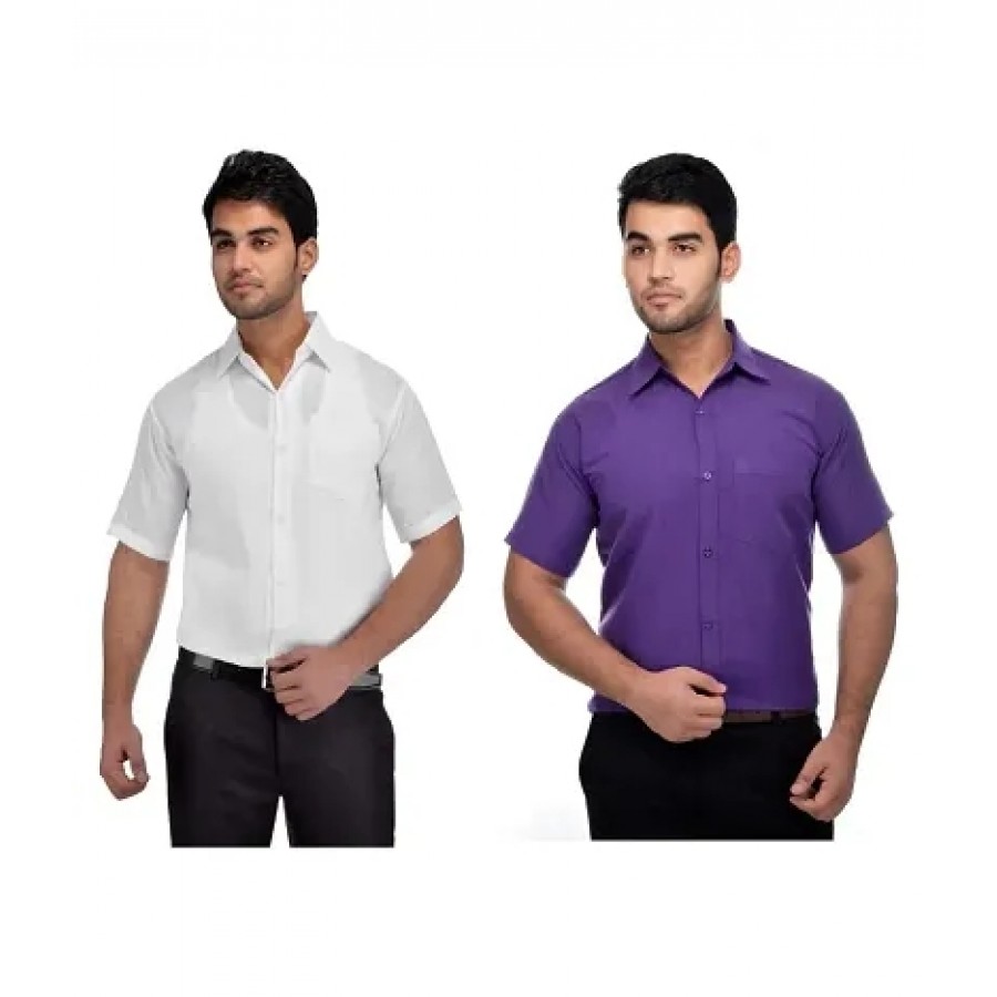 Men's Multicoloured Khadi Cotton Solid Short Sleeves Regular Fit Casual Shirt (Pack of 2)