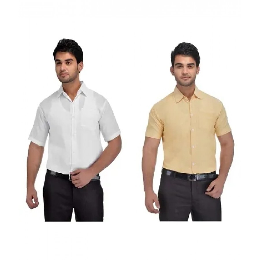 Men's Multicoloured Khadi Cotton Solid Short Sleeves Regular Fit Casual Shirt (Pack of 2)