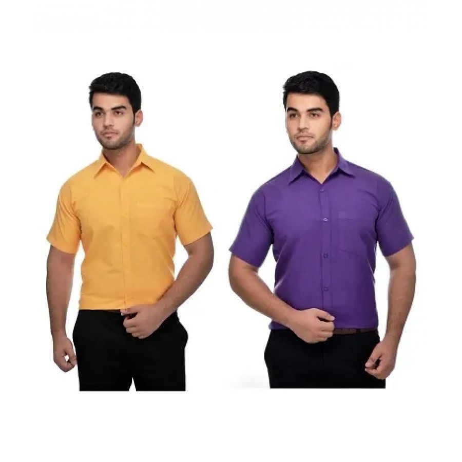 Men's Multicoloured Khadi Cotton Solid Short Sleeves Regular Fit Casual Shirt (Pack of 2)