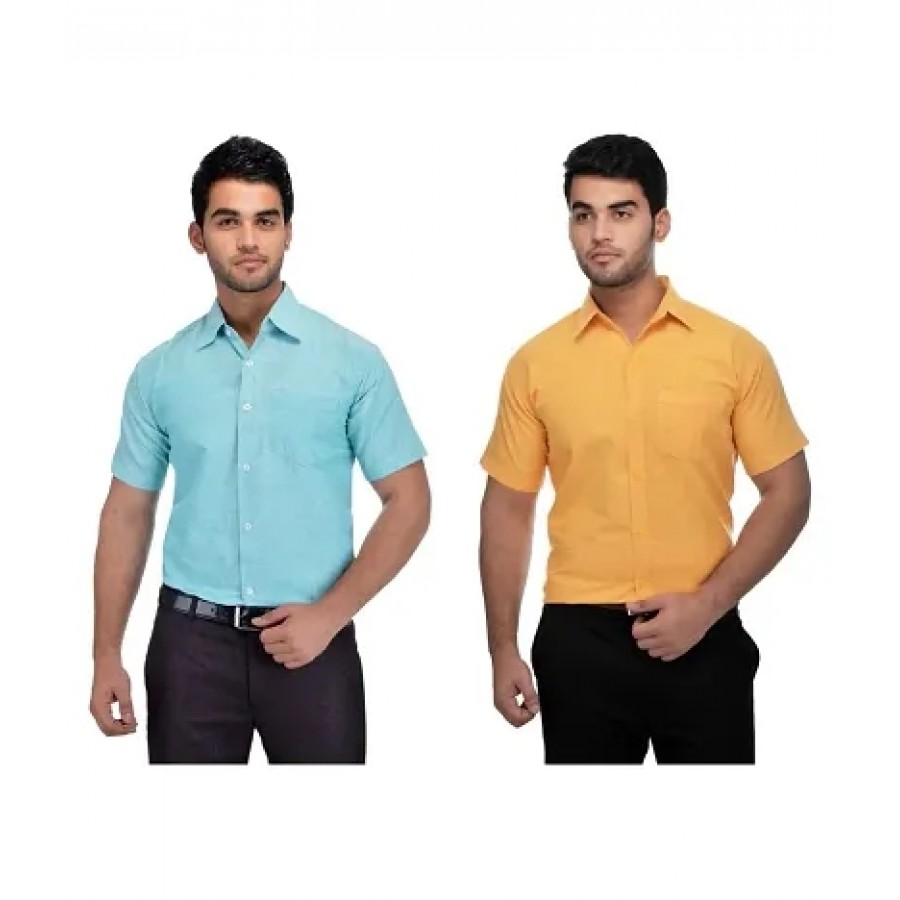 Men's Multicoloured Khadi Cotton Solid Short Sleeves Regular Fit Casual Shirt (Pack of 2)