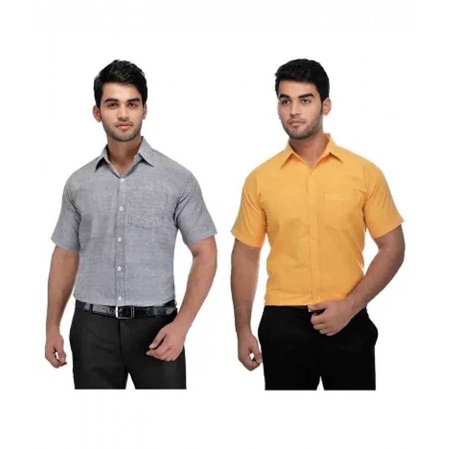 Men's Multicoloured Khadi Cotton Solid Short Sleeves Regular Fit Casual Shirt (Pack of 2)