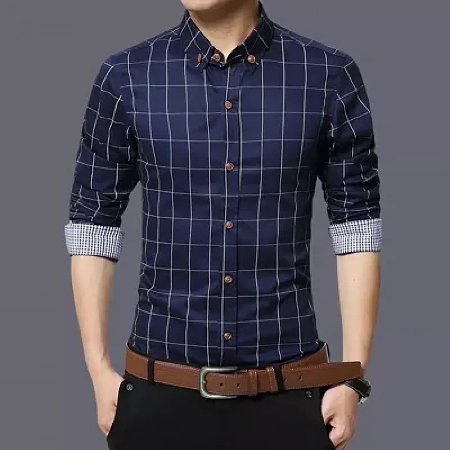 Mens Navy Blue Cotton Long Sleeves Checked Slim Fit Casual Shirt