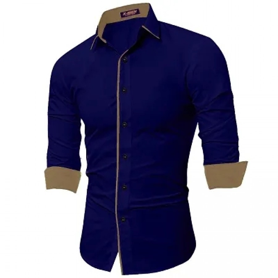 Men's Navy Blue Cotton Long Sleeves Solid Slim Fit Casual Shirt