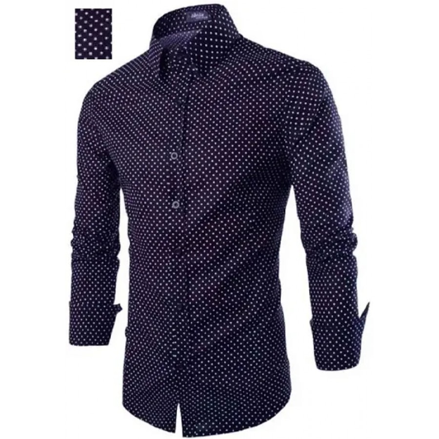 Men's Navy Blue Cotton Printed Long Sleeves Regular Fit Casual Shirt