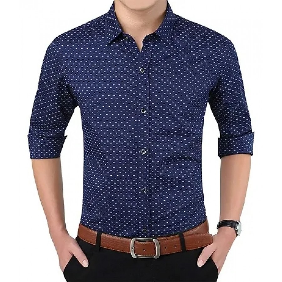 Men's Navy Blue Cotton Printed Regular Fit Casual shirts