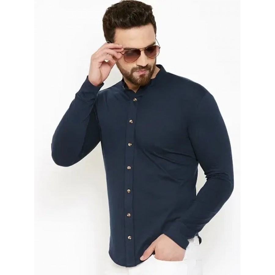 Men's Navy Blue Cotton Solid Long Sleeves Regular Fit Casual Shirt