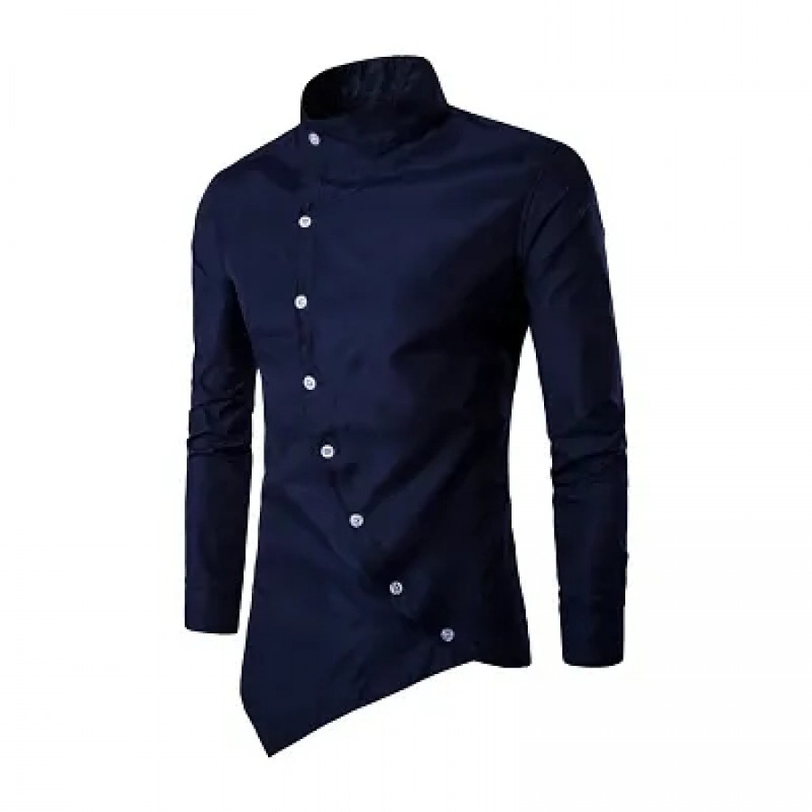 Men's Navy Blue Cotton Solid Long Sleeves Slim Fit Casual Shirt