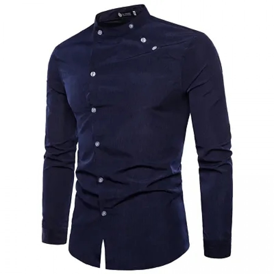 Men's Navy Blue Cotton Solid Long Sleeves Slim Fit Casual Shirt