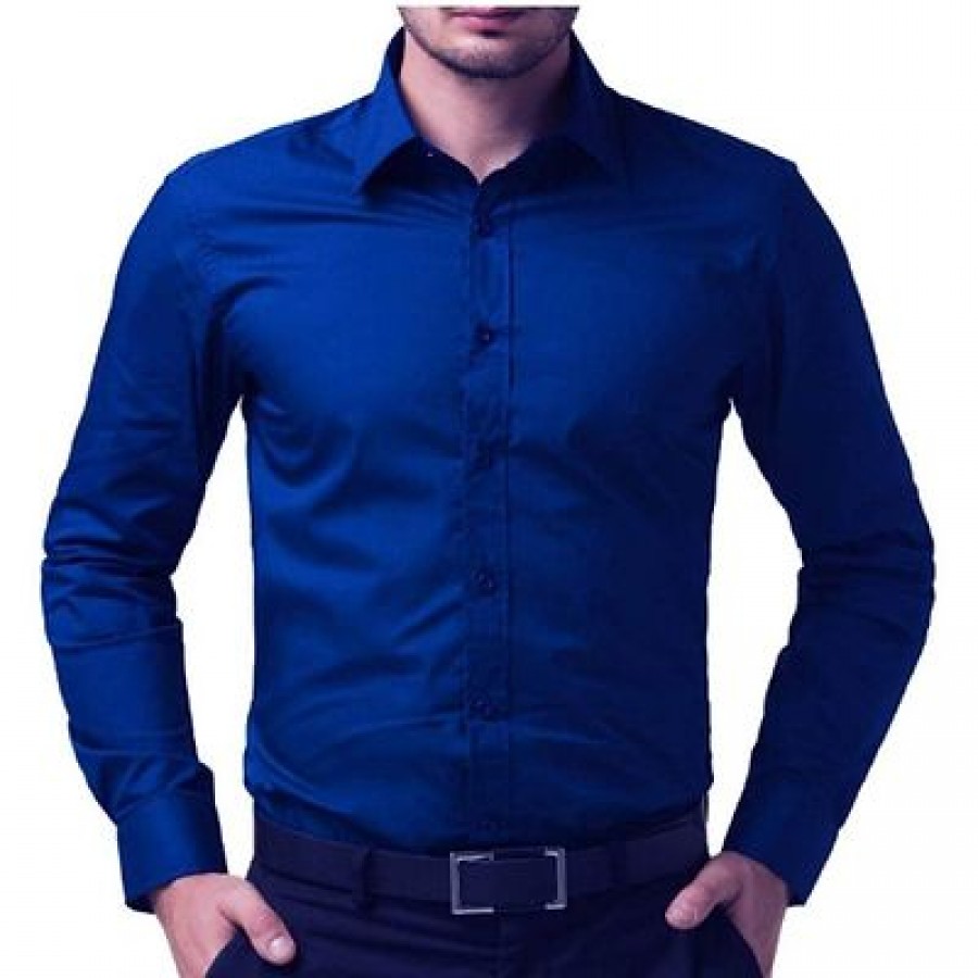 Men's Navy Blue Cotton Solid Long Sleeves Slim Fit Casual Shirt