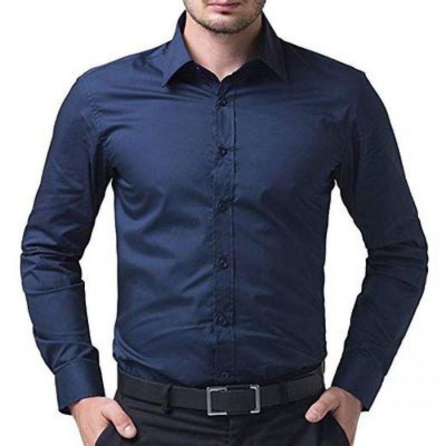 Men's Navy Blue Cotton Solid Long Sleeves Slim Fit Casual Shirt