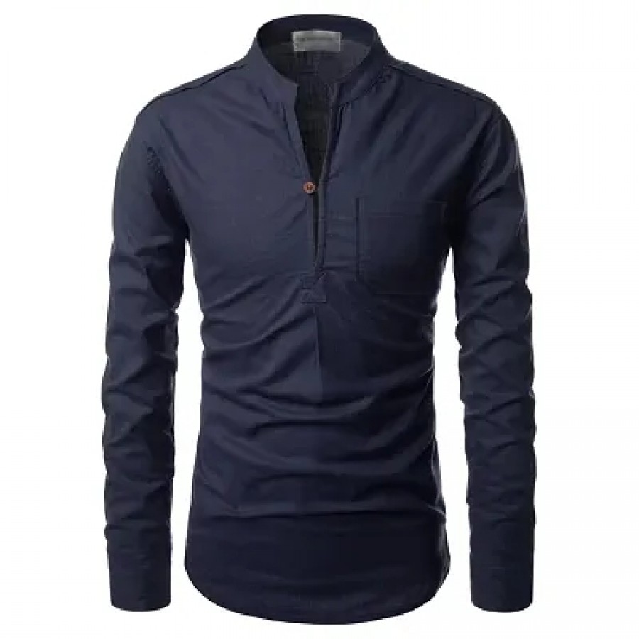 Men's Navy Blue Cotton Solid Long Sleeves Slim Fit Casual Shirt