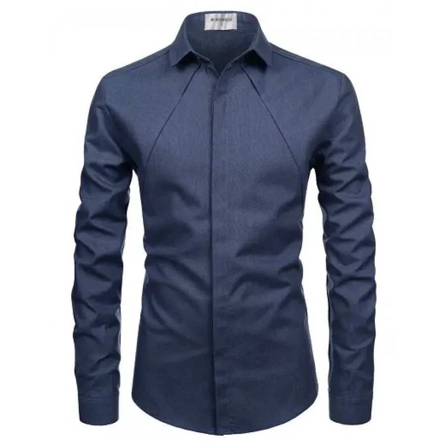 Men's Navy Blue Cotton Solid Long Sleeves Slim Fit Casual Shirt