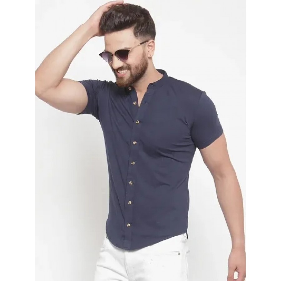 Men's Navy Blue Cotton Solid Short Sleeves Regular Fit Casual Shirt