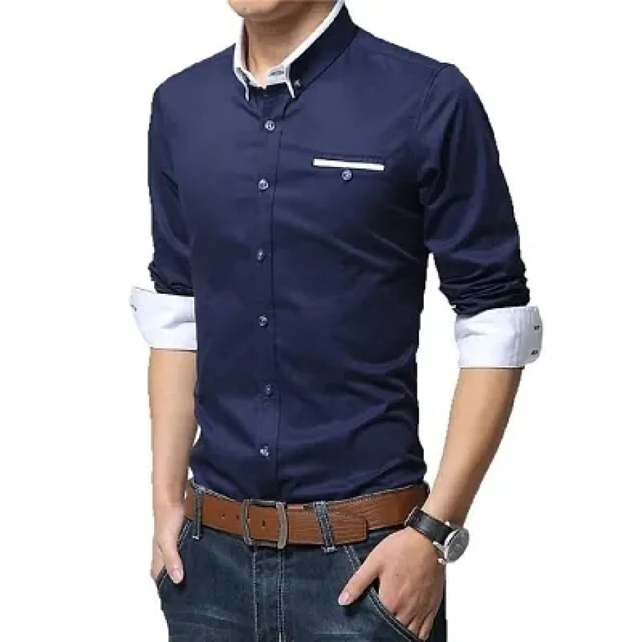 Men's Navy Blue Solid Cotton Slim Fit Casual Shirt