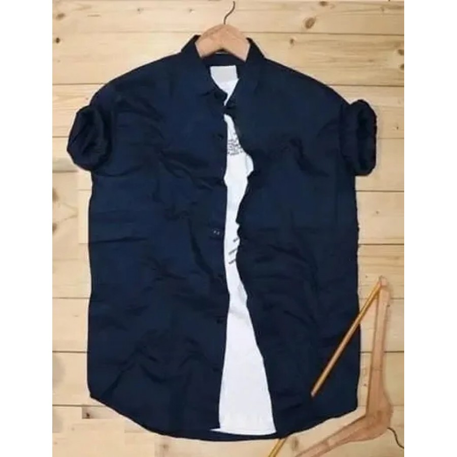 Men's NavyBlue Cotton Solid Long Sleeves Regular Fit Casual Shirt