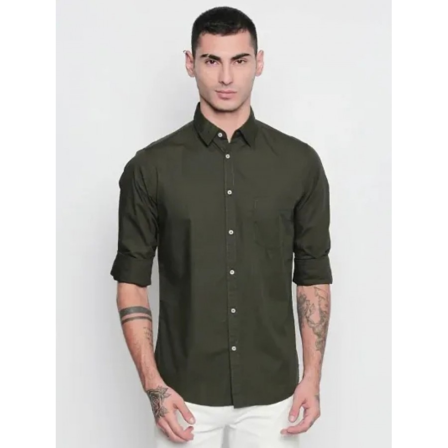 Men's Olive Cotton Solid Long Sleeves Regular Fit Casual Shirt