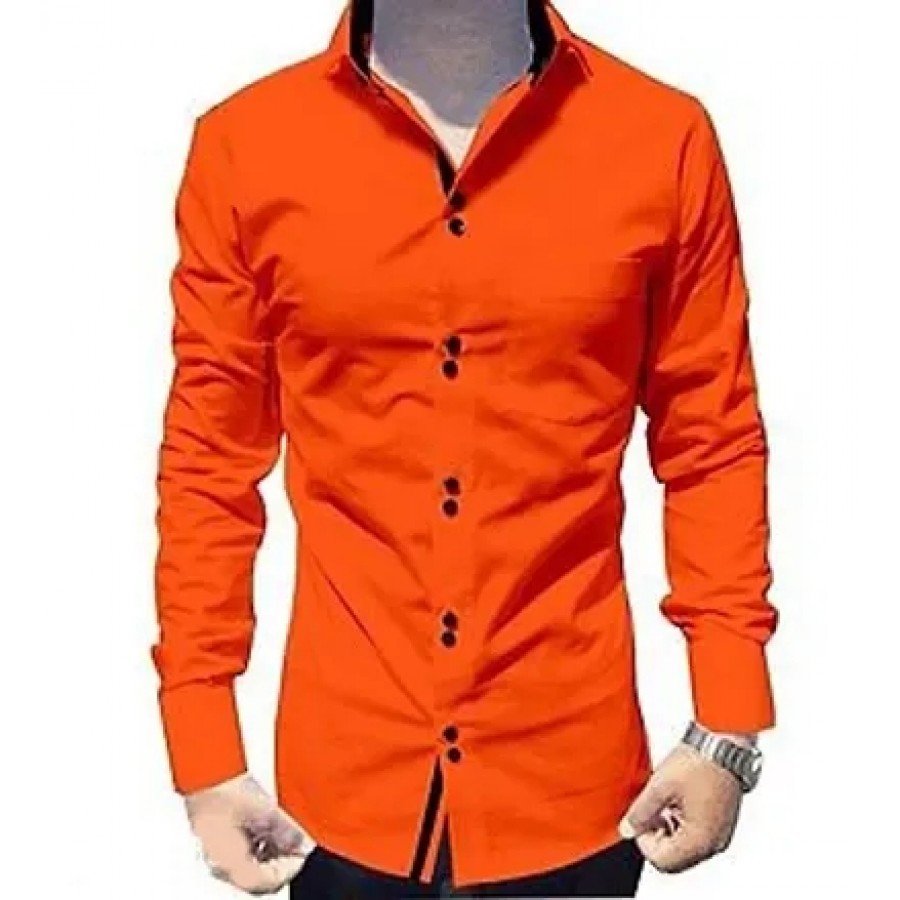 Men's Orange Cotton Long Sleeves Solid Slim Fit Casual Shirt