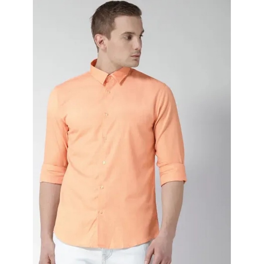 Men's Orange Cotton Solid Long Sleeves Regular Fit Casual Shirt