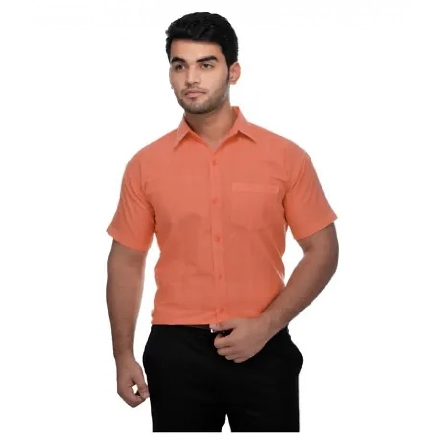 Men's Orange Khadi Cotton Solid Short Sleeves Regular Fit Casual Shirt