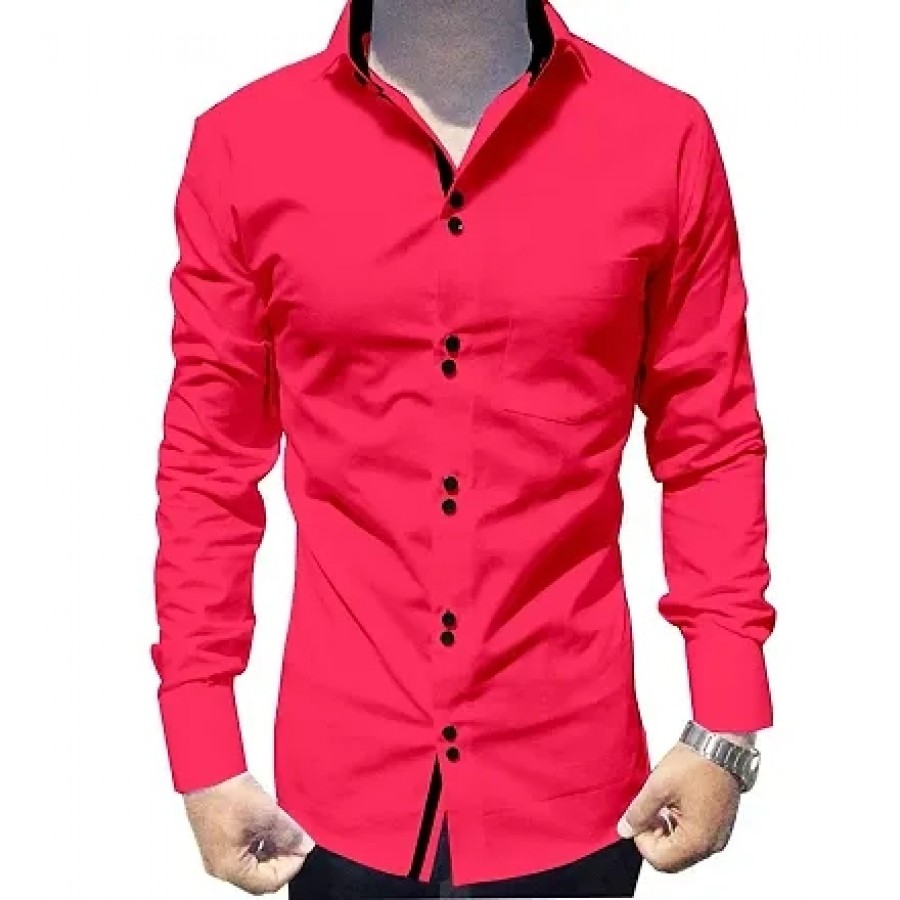 Men's Pink Cotton Long Sleeves Solid Slim Fit Casual Shirt