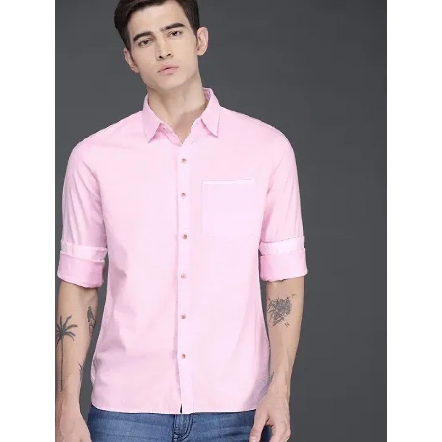 Men's Pink Cotton Solid Long Sleeves Regular Fit Casual Shirt