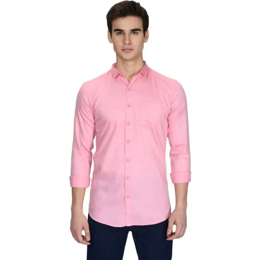 Men's Pink Cotton Solid Long Sleeves Regular Fit Casual Shirt