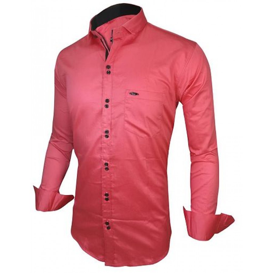 Men's Pink Cotton Solid Long Sleeves Slim Fit Casual Shirt