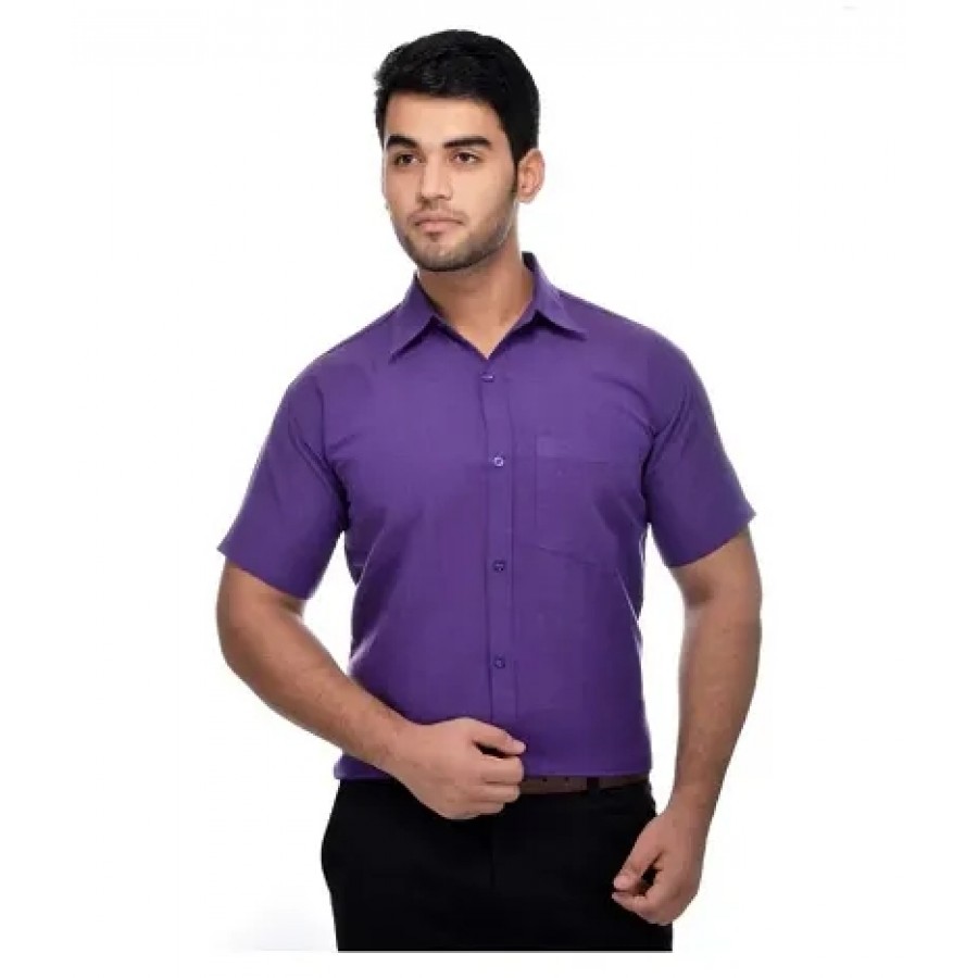 Men's Purple Khadi Cotton Solid Short Sleeves Regular Fit Casual Shirt