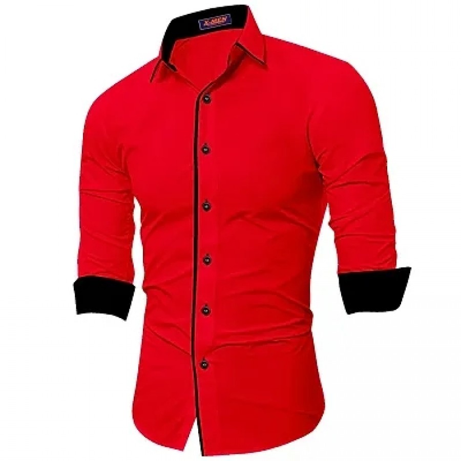 Men's Red Cotton Long Sleeves Solid Slim Fit Casual Shirt