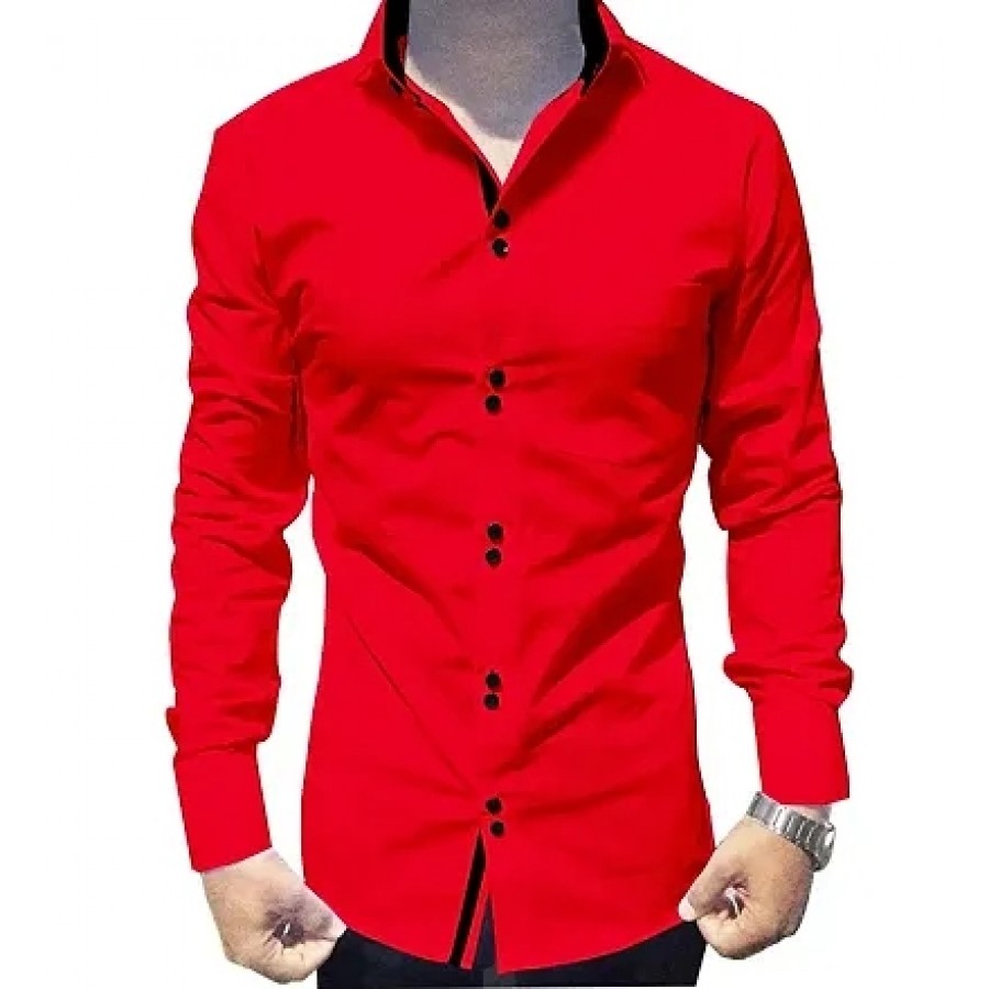 Men's Red Cotton Long Sleeves Solid Slim Fit Casual Shirt