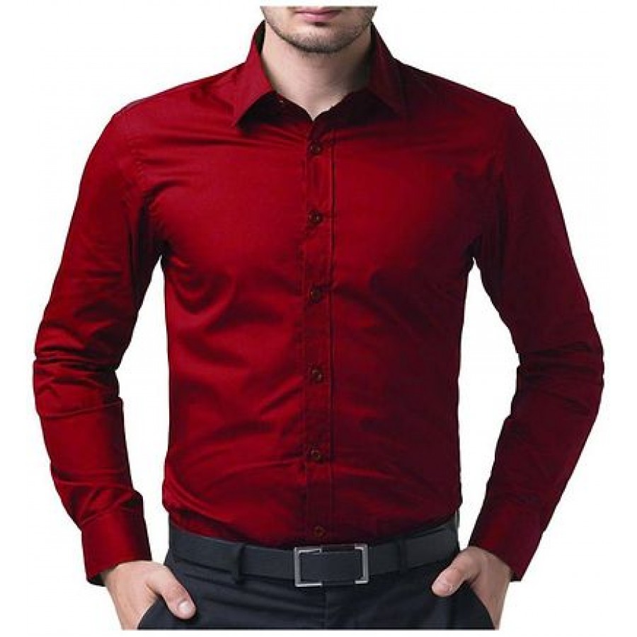 Men's Red Cotton Solid Long Sleeves Slim Fit Casual Shirt