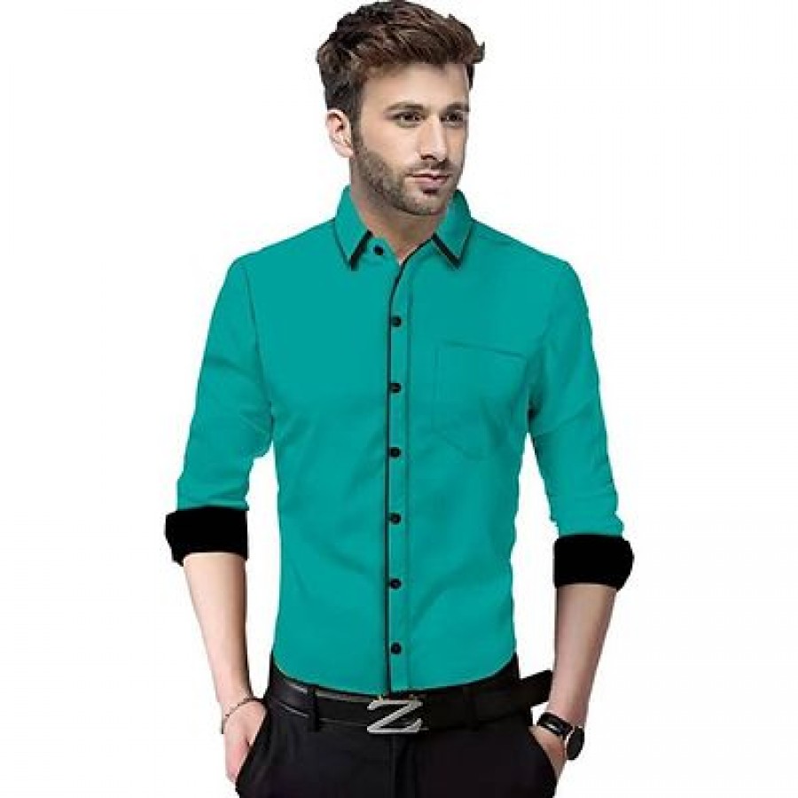 Men's Turquoise Cotton Long Sleeves Solid Slim Fit Casual Shirt