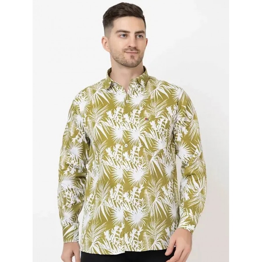 Men's White Cotton Long Sleeves Printed Slim Fit Casual Shirt