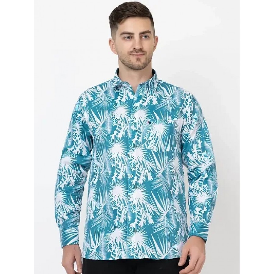 Men's White Cotton Long Sleeves Printed Slim Fit Casual Shirt