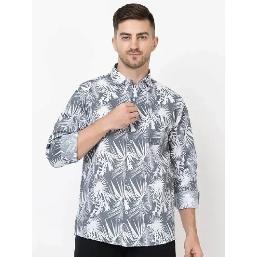 Men's White Cotton Long Sleeves Printed Slim Fit Casual Shirt