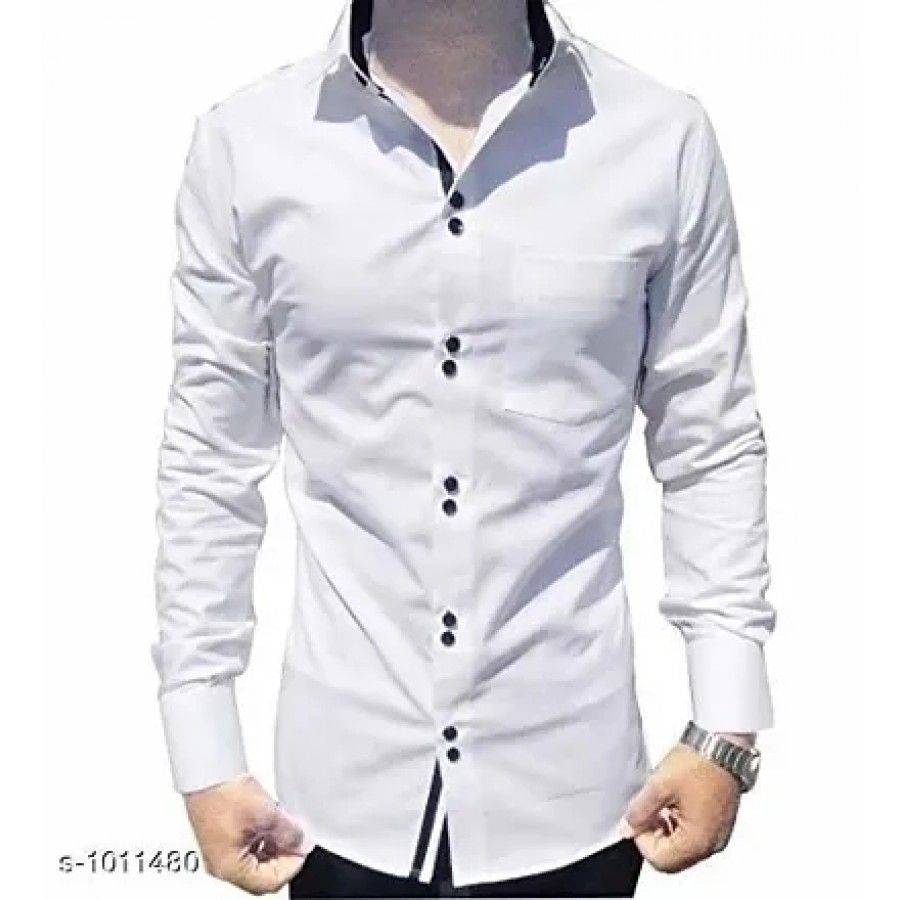 Men's White Cotton Long Sleeves Solid Slim Fit Casual Shirt