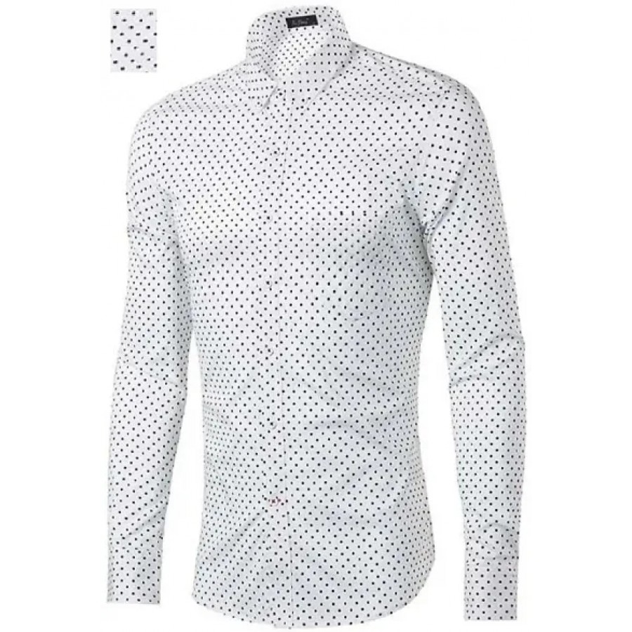 Men's White Cotton Printed Long Sleeves Regular Fit Casual Shirt