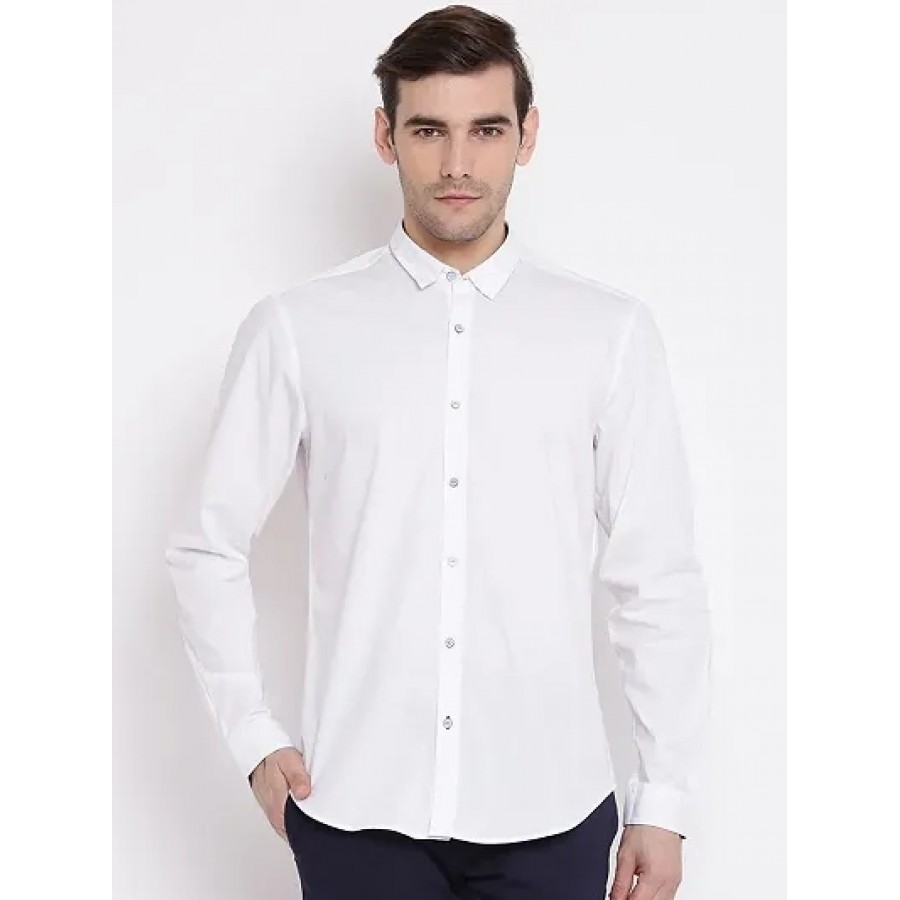 Men's White Cotton Solid Long Sleeves Regular Fit Casual Shirt