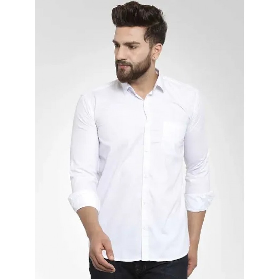 Men's White Cotton Solid Long Sleeves Regular Fit Casual Shirt